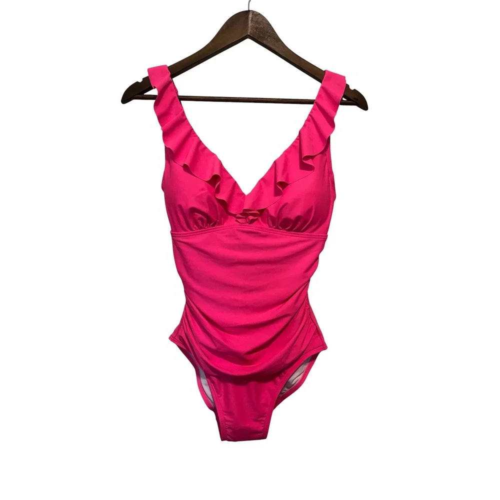 NWT DKNY Ruffle Plunge Underwire Tummy Control One-Piece Swimsuit Sz 8 Neon Pink - Picture 2 of 7